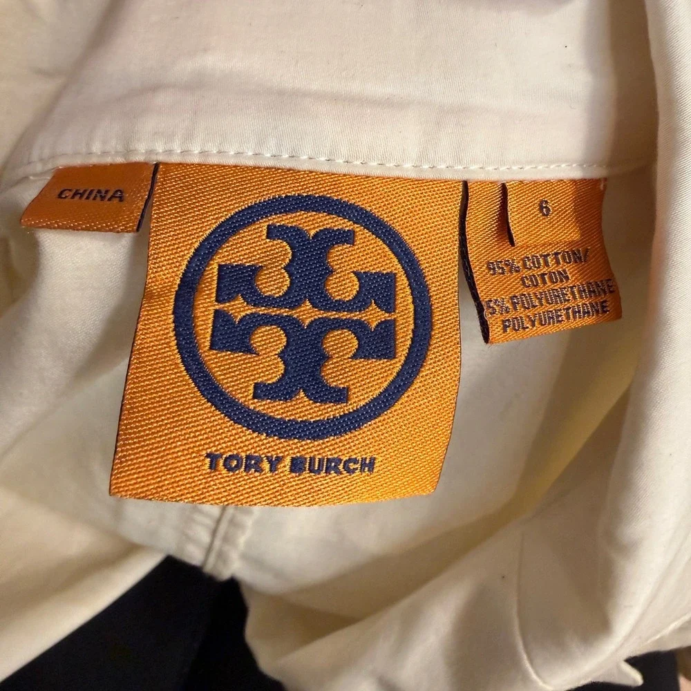 Tory Burch Safari Short Sleeve Jacket Women Size 6 White Gold Logo Button Cotton